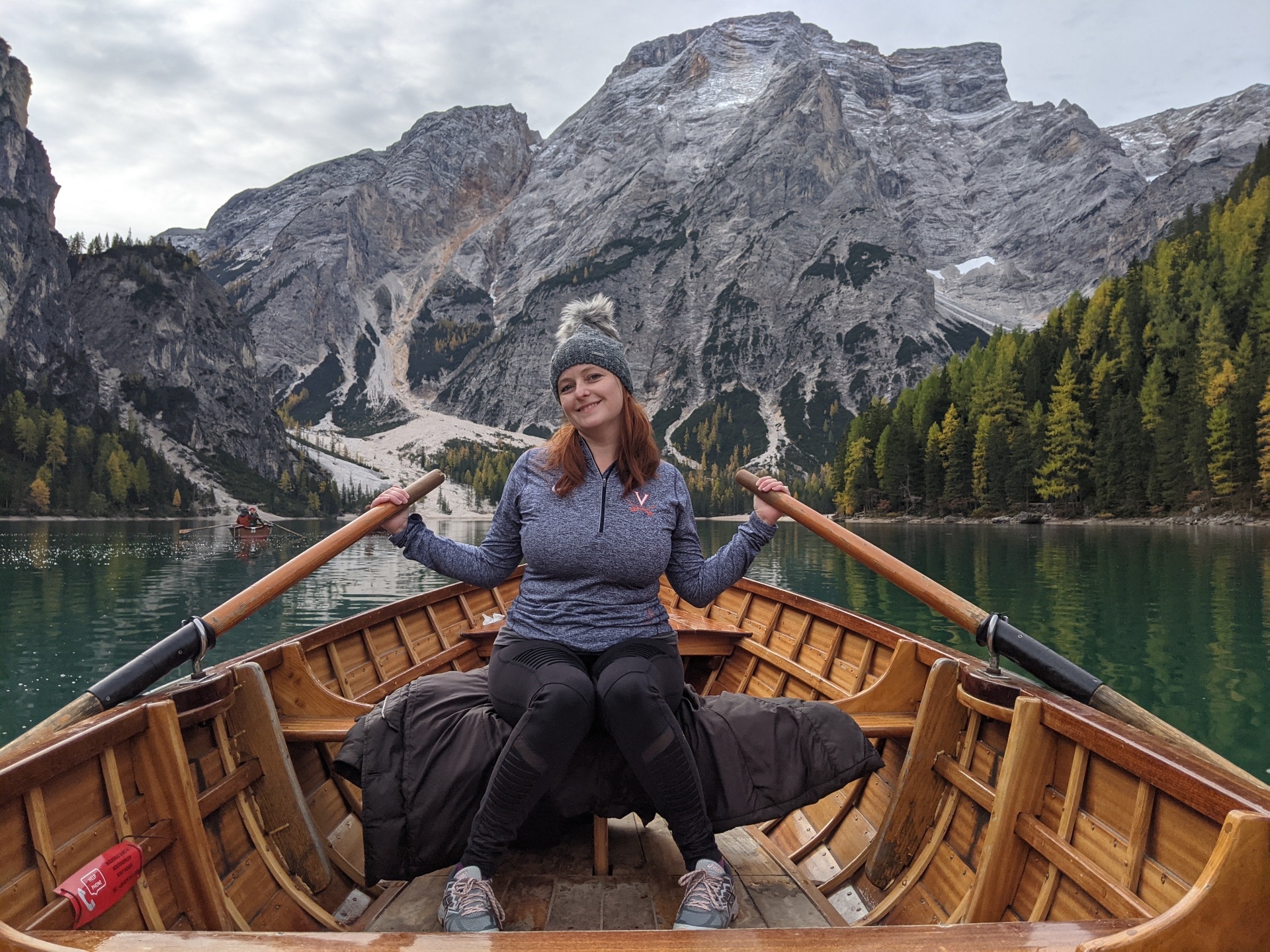 Tanja Werner rowing on Lago di Braies in the Dolomites